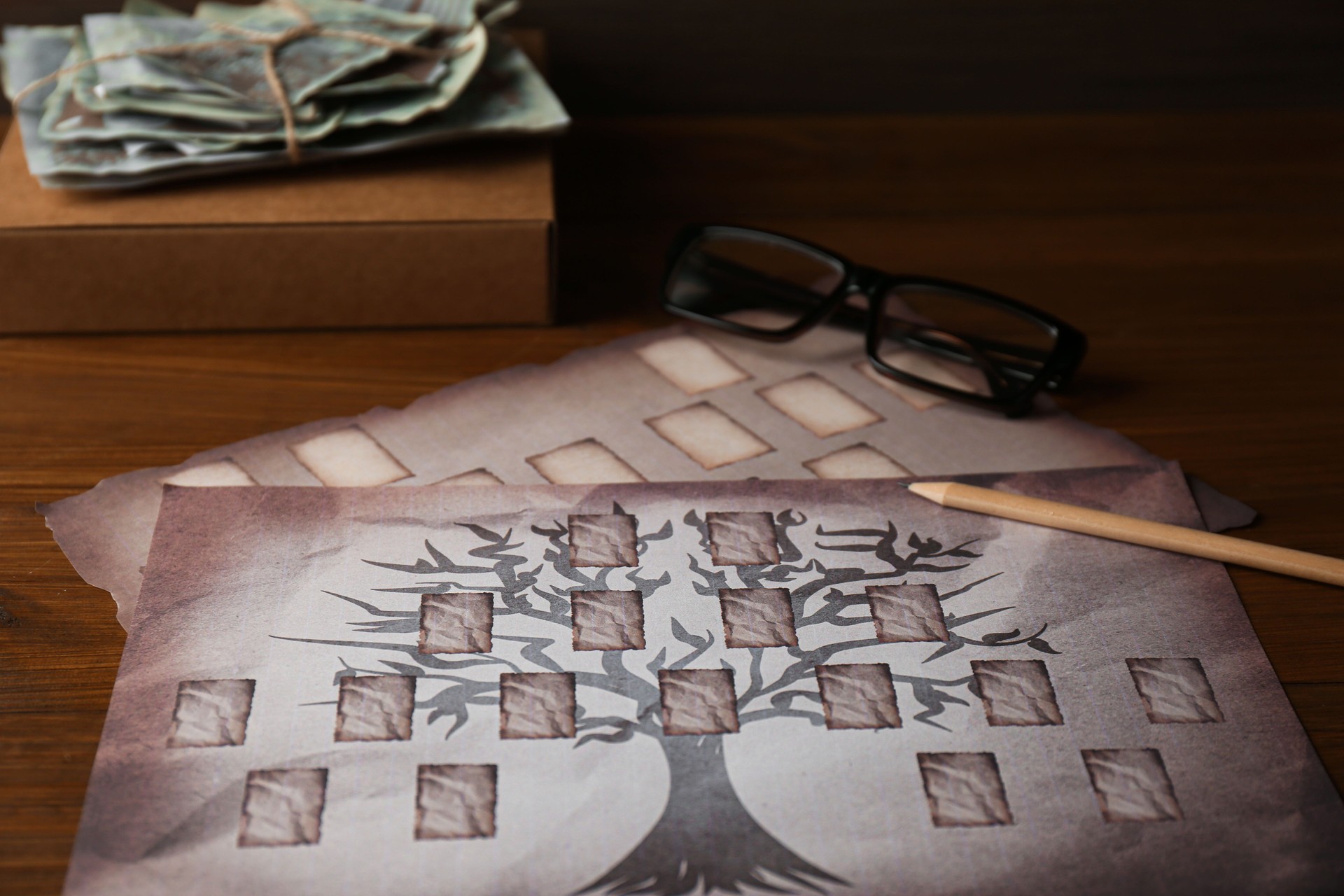 Papers with family tree templates, pencil, photos and glasses on wooden table, closeup